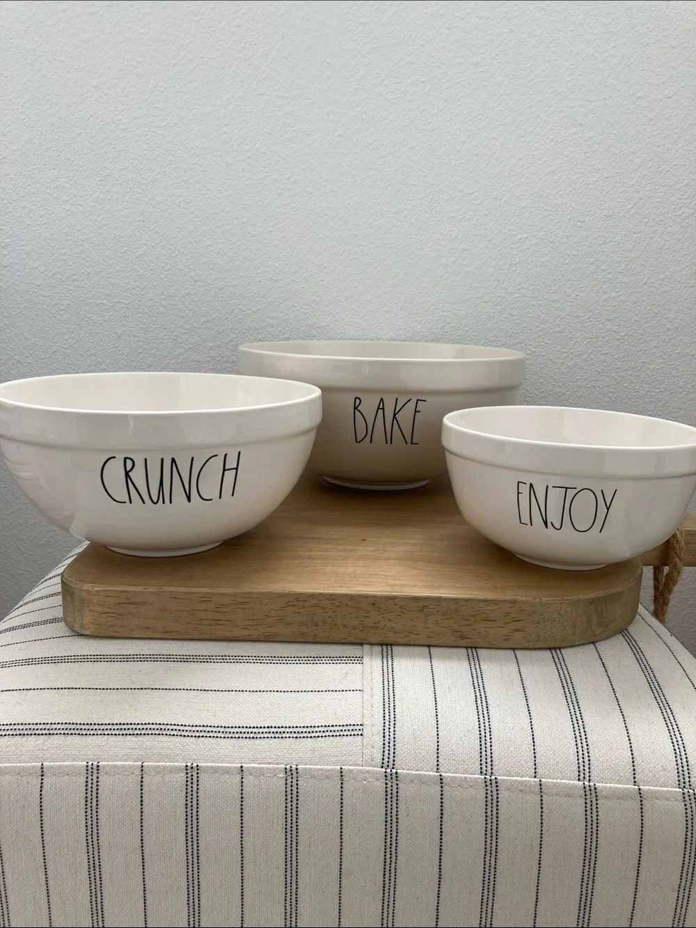 SALE! 50% Off NWOT RAR DUNN White Ceramic Bowls CRUNCH BAKE ENJOY set of 3